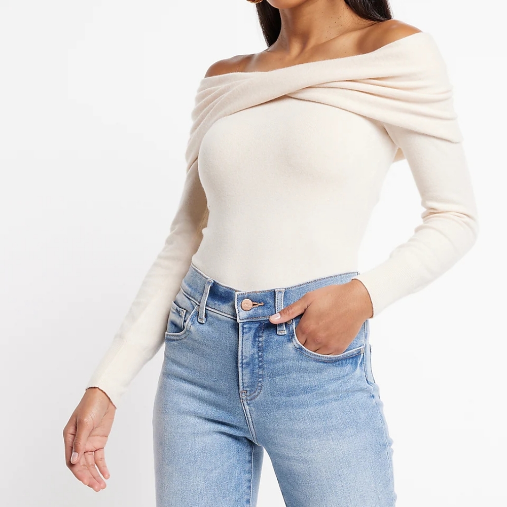 Express Ultra Soft Twisted Off The Shoulder Sweater Thong Bodysuit Small